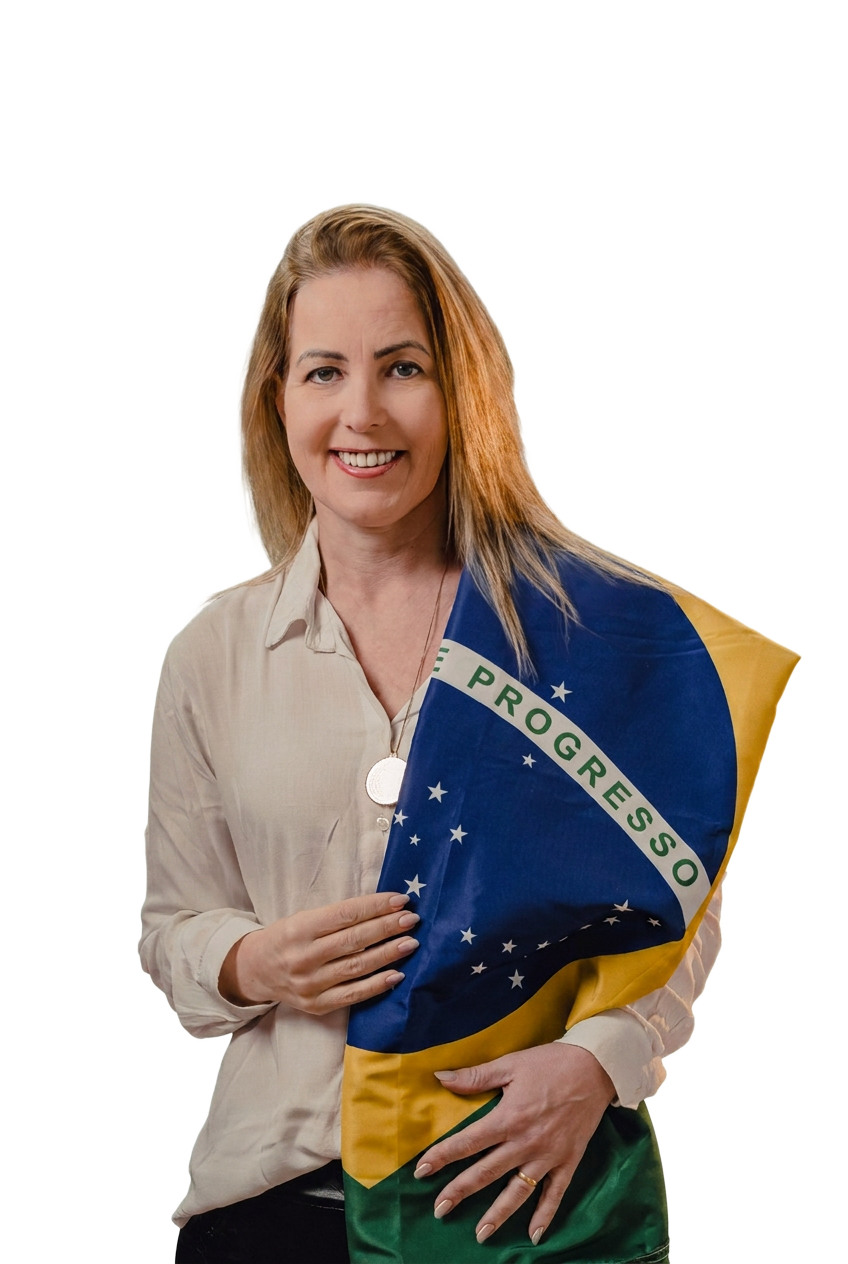 Janice Quinzen segurando a bandeira do Brasil